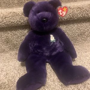 TY 1998 Beanie Buddy Large 14” Purple Princess Diana Bear White Rose Retired